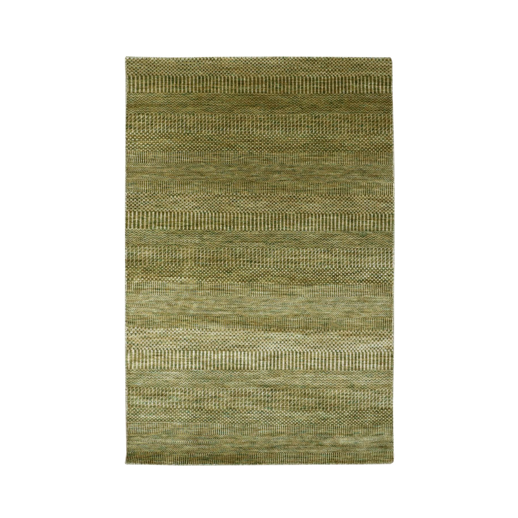 4'x6'1" Amber Green, Wool and Silk, Modern Grass Design, Hand Knotted, Soft Pile, Denser Weave, Tone on Tone, Oriental Rug 